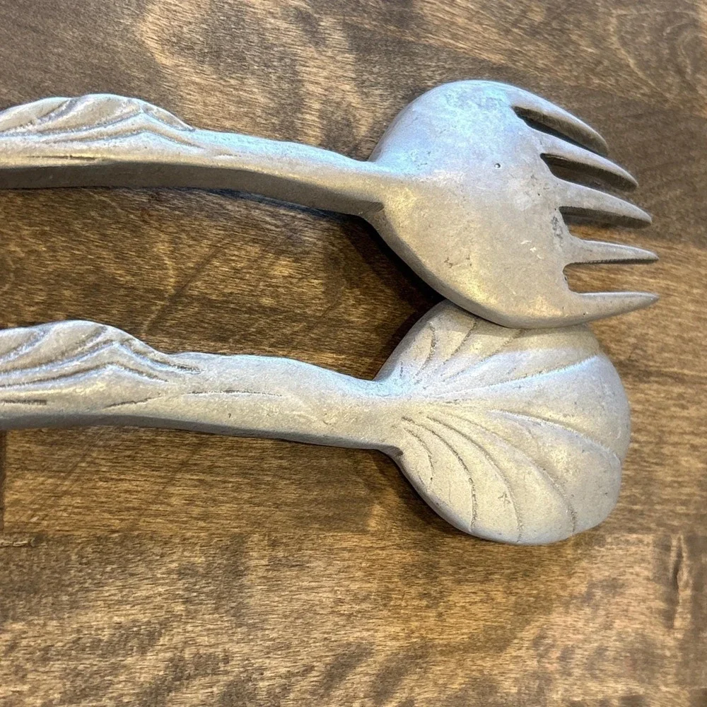 Vintage Hand-Cast Pewter Koi Fish Salad Serving Set - Artisan C.16 Pattern 11.5